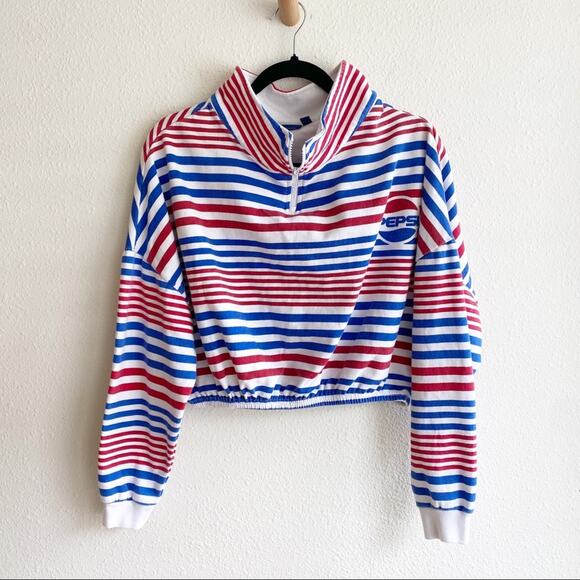 Pepsi Striped Cropped Henley 1/4 Zip Sweatshirt Merch - Picture 1 of 5